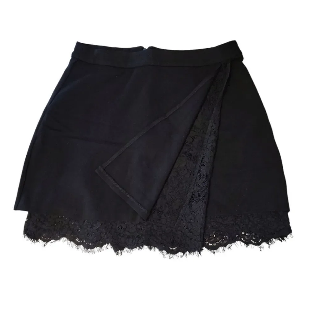 French Connection Y2K Black Floral Lace Trim Stretch Mini Skirt Size 12‎